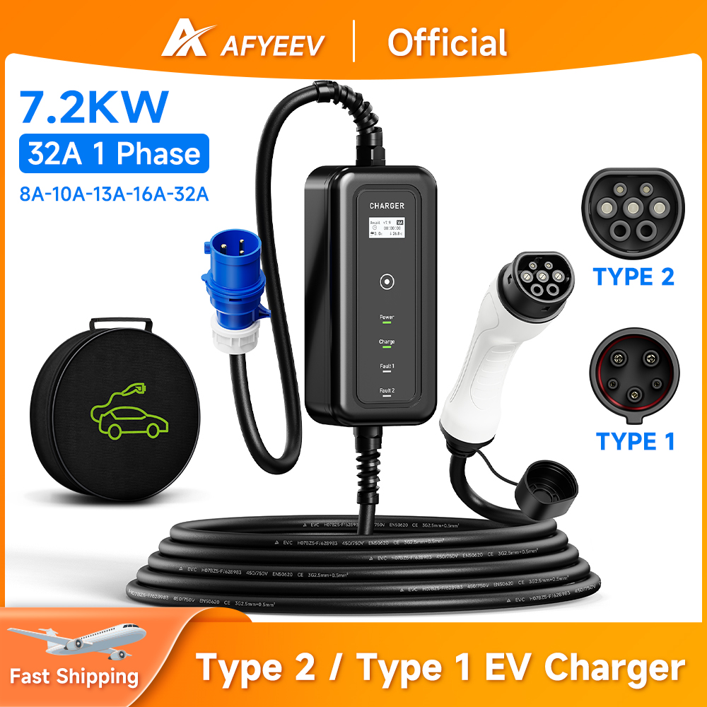 AFYEEV Portable EV Charger Wal - Portable Ev Charger 32A Type 2 Cee Plug recension och pris